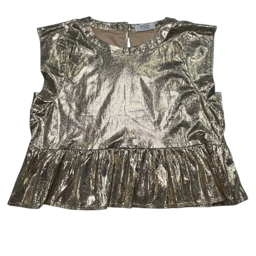 NWT Mod On Trend Metallic Gold Ruffle Blouse Size L